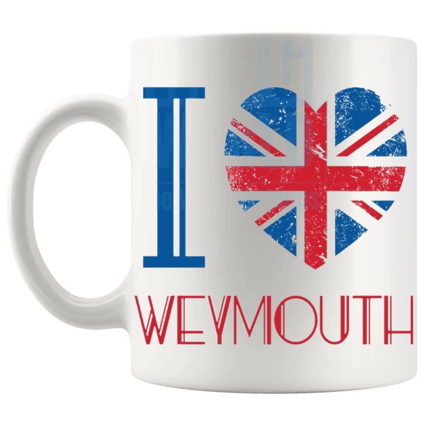 I Love Weymouth Mug local pride gift for anyone who loves Weymouth shown with handle on the left