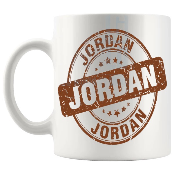 Jordan Mug In Brown travel gift for anyone with a connection to Jordan shown with handle on the left