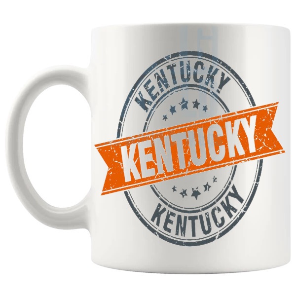 Kentucky Mug In Orange travel gift for anyone with a connection to Kentucky shown with handle on the left