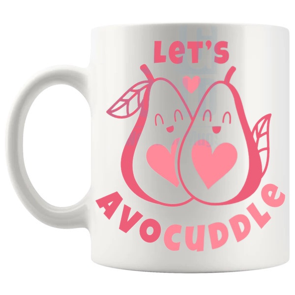 Let's Avocuddle Mug Design 2 funny pun mug for Valentine's Day and couple gifts shown with handle on the left