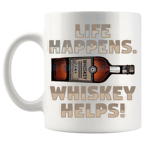 Life Happens Whisky Helps mug funny whisky gift shown with handle on the left