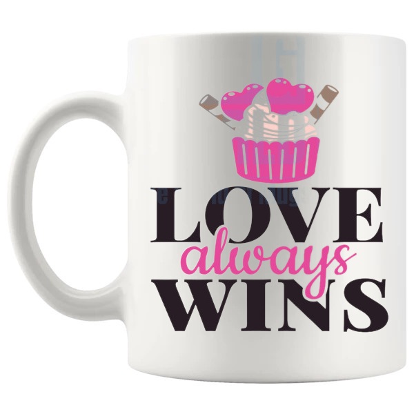Love Always Wins Mug love-themed mug for Valentine's Day and romantic gifts shown with handle on the left