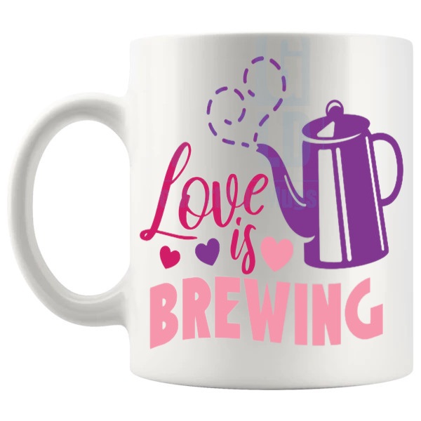Love Is Brewing mug romantic gift shown with handle on the left