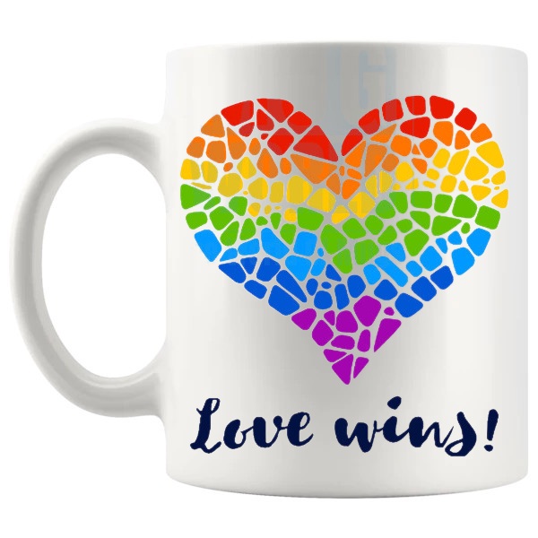 Love Wins Heart LGBTQ Mug with heart design for Pride and love gifts shown with handle on the left