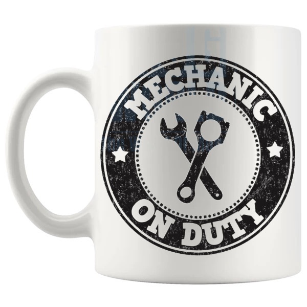 Mechanic On Duty Mug funny gift for garage workers shown with handle on the left