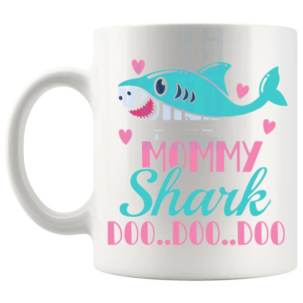 Mommy Shark Mug mommy shark inspired wording gift for mommy shown with handle on the left