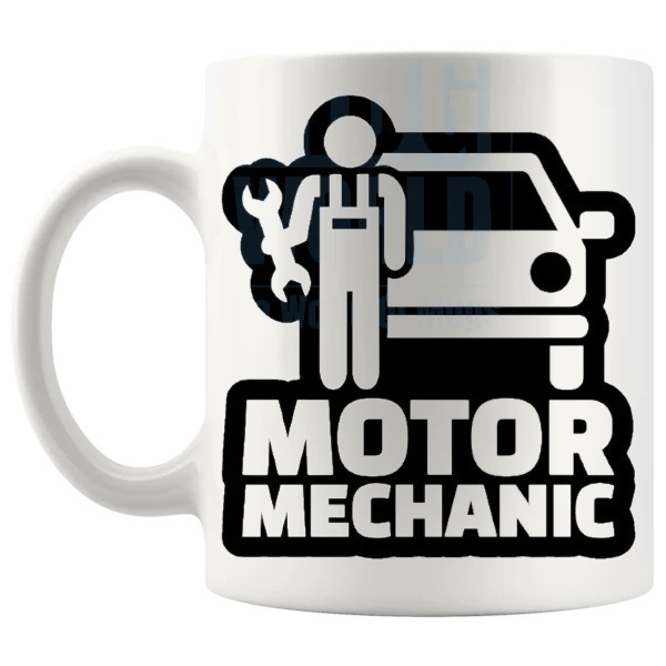 Motor Mechanic Mug Design 2 funny gift for garage workers shown with handle on the left