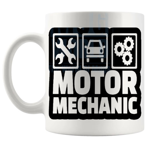 Motor Mechanic Mug funny garage gift for car mechanics shown with handle on the left