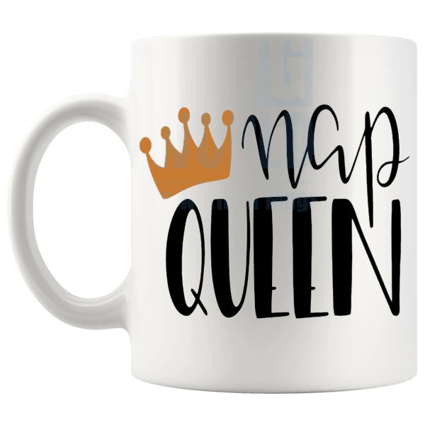 Nap Queen Mug nap queen message gift for mum, mom or tired wife shown with handle on the left