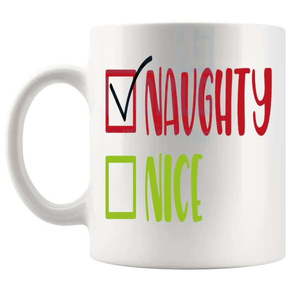 Naughty Nice Mug funny christmas gift design on a white mug shown with handle on the left