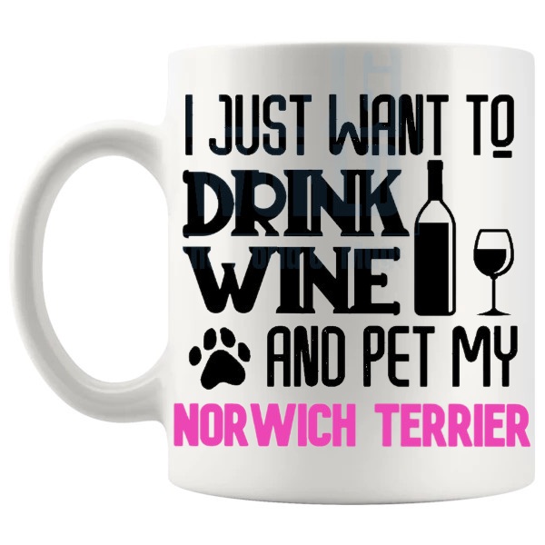 Drink Wine And Pet My Norwich Terrier Mug in Pink funny dog lover gift shown with handle on the left