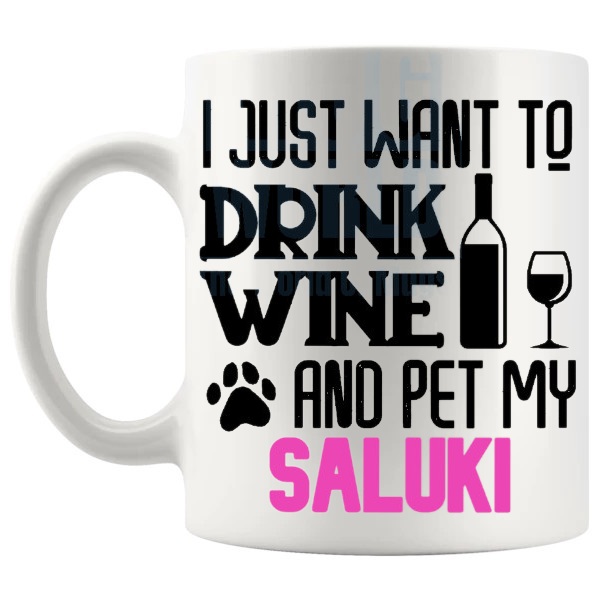 Drink Wine And Pet My Saluki Mug in Pink funny dog lover gift shown with handle on the left