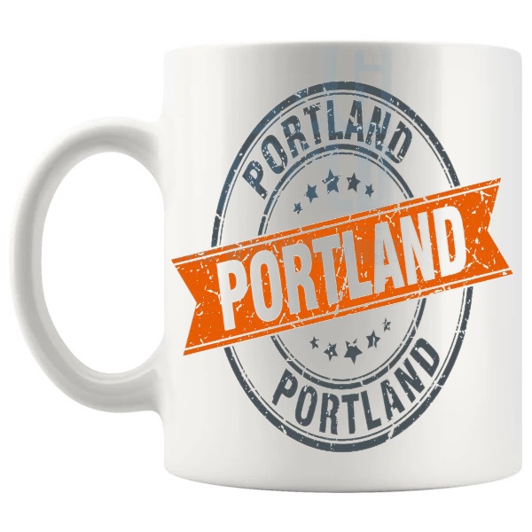 Portland Mug travel gift for anyone with a connection to Portland shown with handle on the left