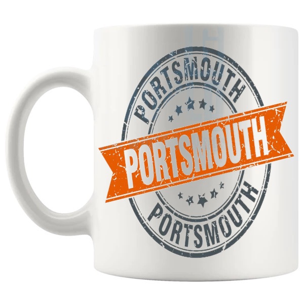 Portsmouth Mug travel gift for anyone with a connection to Portsmouth shown with handle on the left