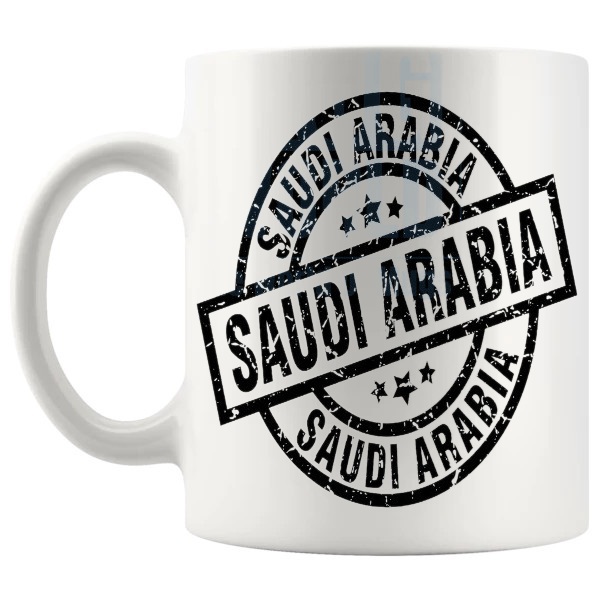 Saudi Arabia Mug travel gift for anyone with a connection to Saudi Arabia shown with handle on the left