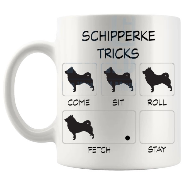 Schipperke Tricks Mug funny dog breed gift for Schipperke owners shown with handle on the left