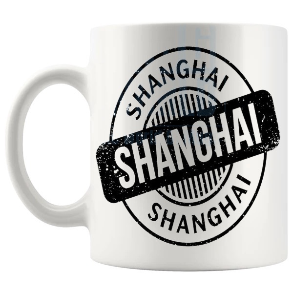 Shanghai Mug travel gift for anyone with a connection to Shanghai shown with handle on the left