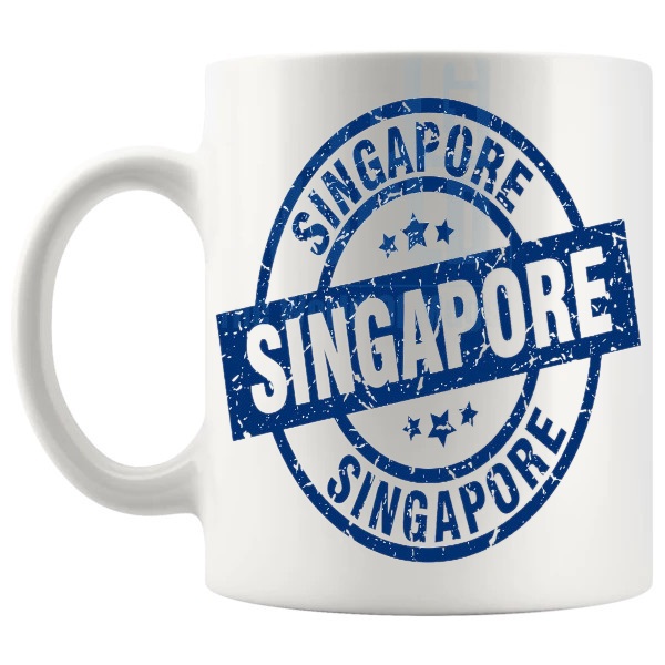 Singapore Mug In Blue travel gift for anyone with a connection to Singapore shown with handle on the left