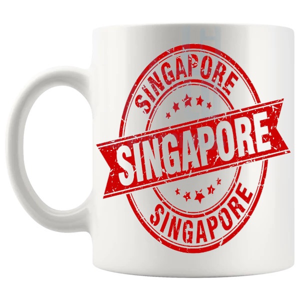 Singapore Mug In Red travel gift for anyone with a connection to Singapore shown with handle on the left