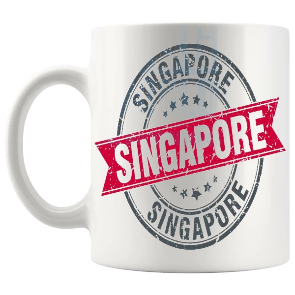 Singapore Mug In Red Design 2 travel gift for anyone with a connection to Singapore shown with handle on the left