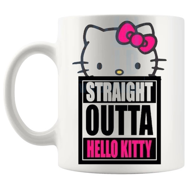 Straight Outta Hello Kitty Mug funny parody gift with bold cute styling shown with handle on the left