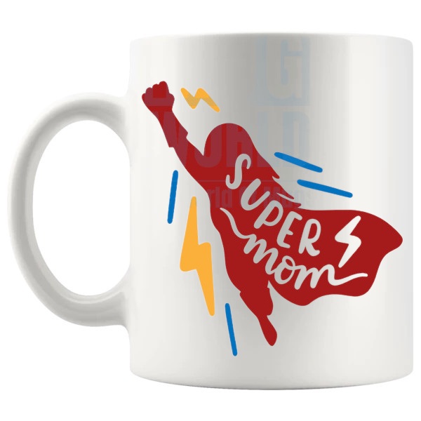 Super Mom Cape Mug super-mom cape design gift for mom shown with handle on the left