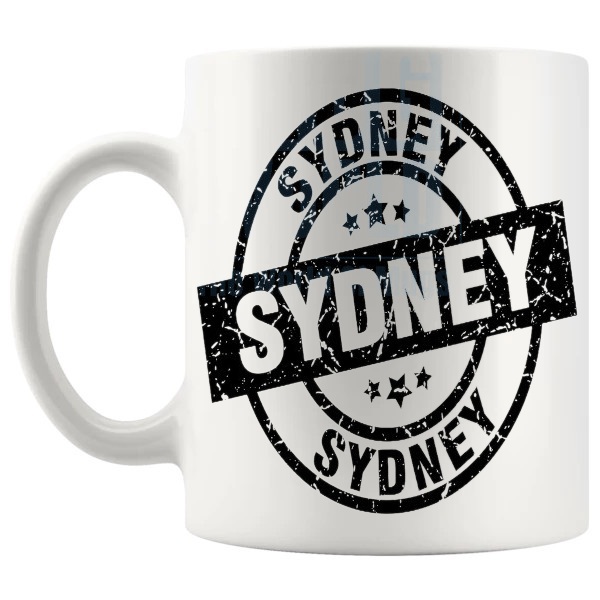 Sydney Mug travel gift for anyone with a connection to Sydney shown with handle on the left