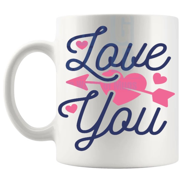The Love You Mug Design 2 love-themed mug for Valentine's Day and romantic gifts shown with handle on the left
