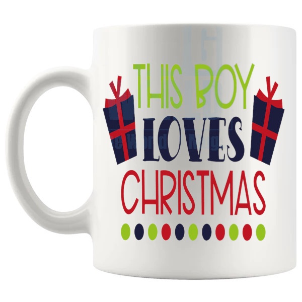 This Boy Loves Christmas Mug cute christmas gift design on a white mug shown with handle on the left