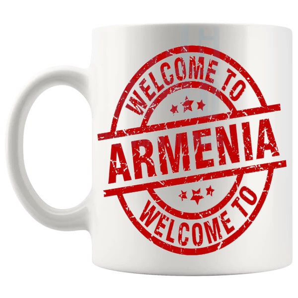 Welcome To Armenia Mug shown with handle on the left