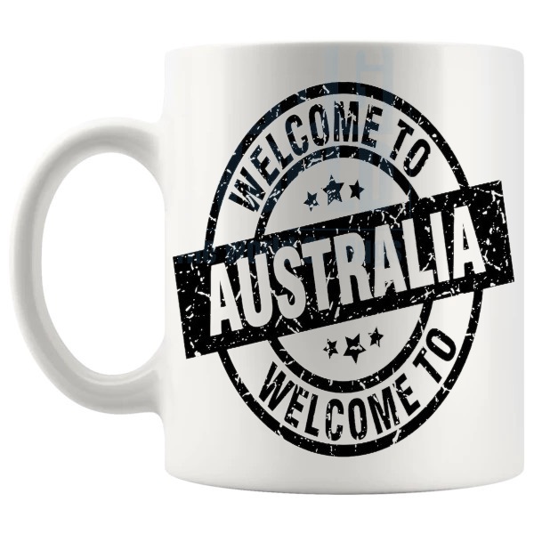 Welcome To Australia Mug shown with handle on the left