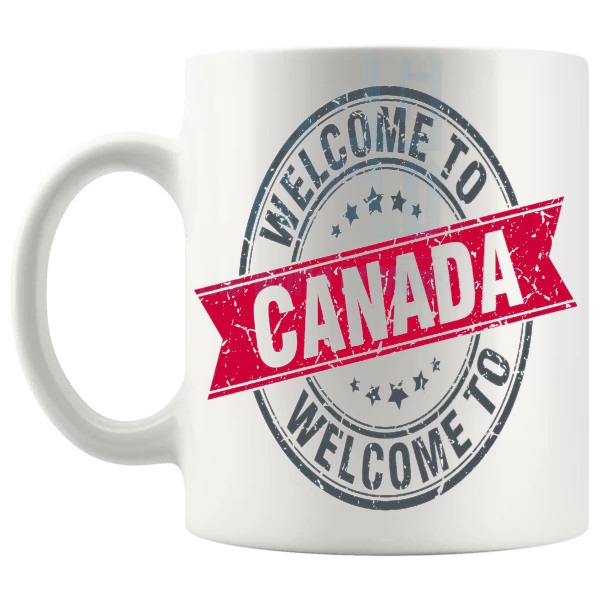 Welcome To Canada Mug shown with handle on the left