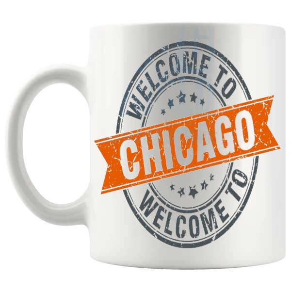 Welcome To Chicago Mug Orange shown with handle on the left