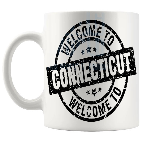 Welcome To Connecticut Mug shown with handle on the left