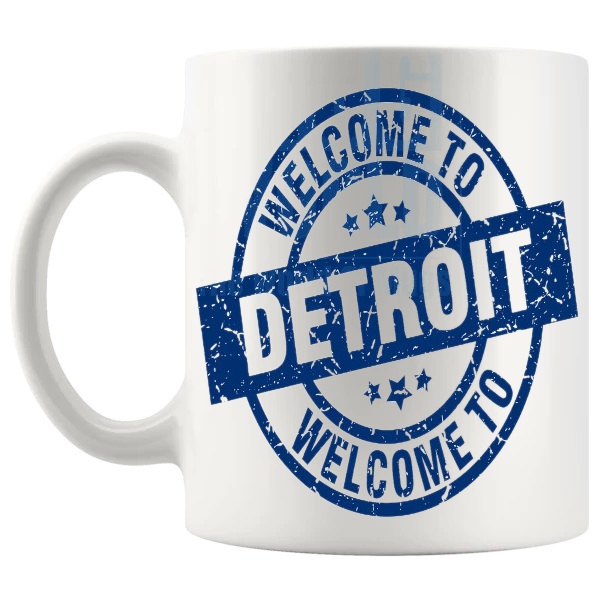 Welcome To Detroit Mug travel gift for anyone who loves Detroit shown with handle on the left