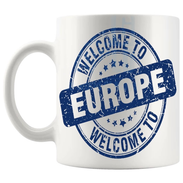 Welcome To Europe Mug travel gift for anyone who loves Europe shown with handle on the left