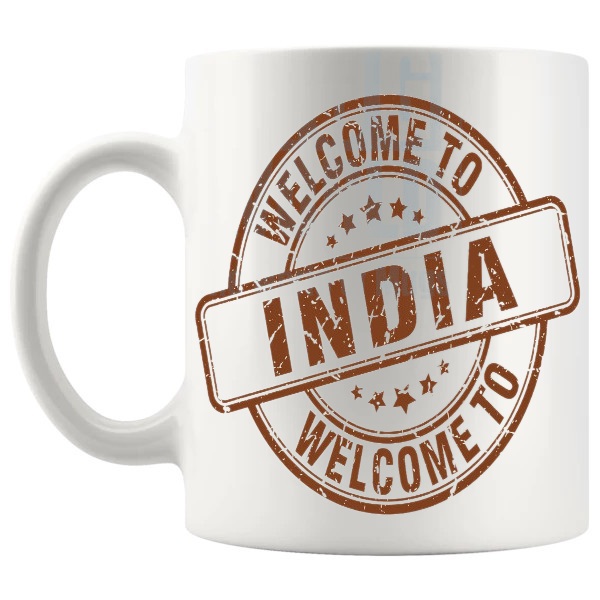 Welcome To India Mug travel gift for anyone who loves India shown with handle on the left