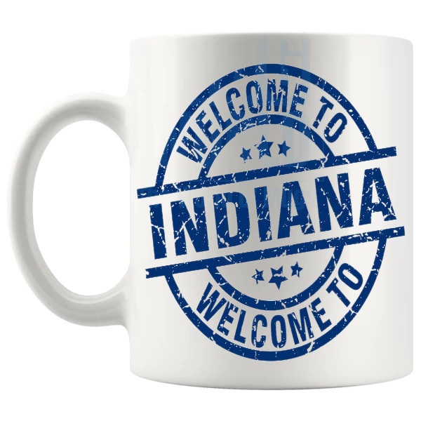 Welcome To Indiana Mug travel gift for anyone who loves Indiana shown with handle on the left