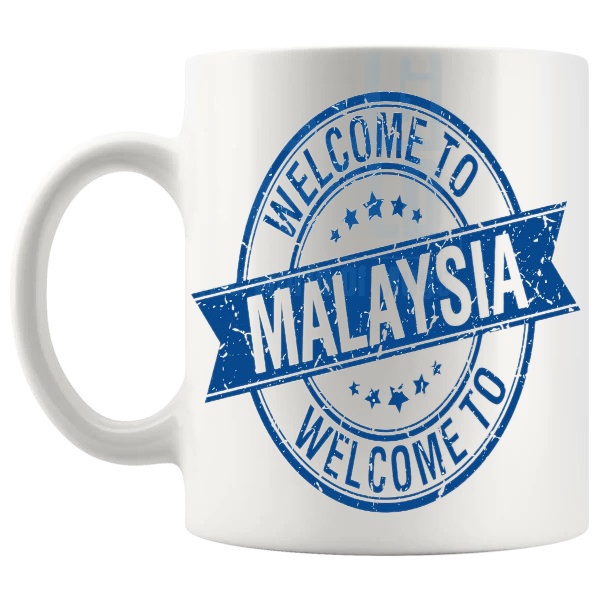 Welcome To Malaysia Mug travel gift for anyone who loves Malaysia shown with handle on the left