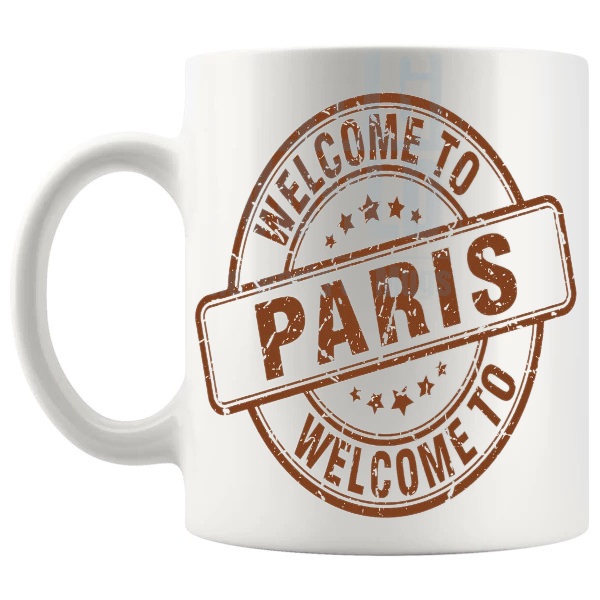 Welcome To Paris Mug travel gift for anyone who loves Paris shown with handle on the left