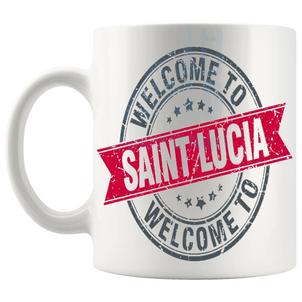 Welcome To Saint Lucia Mug travel gift for anyone who loves Saint Lucia shown with handle on the left