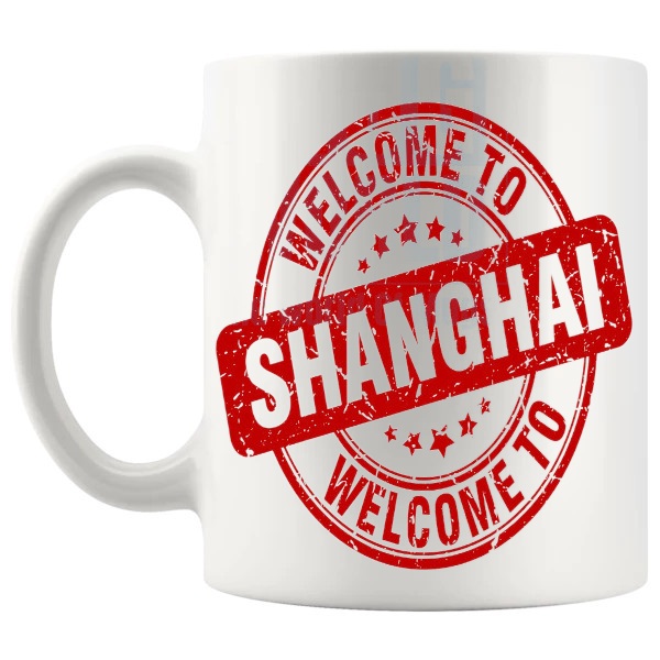 Welcome To Shanghai Mug travel gift for anyone who loves Shanghai shown with handle on the left