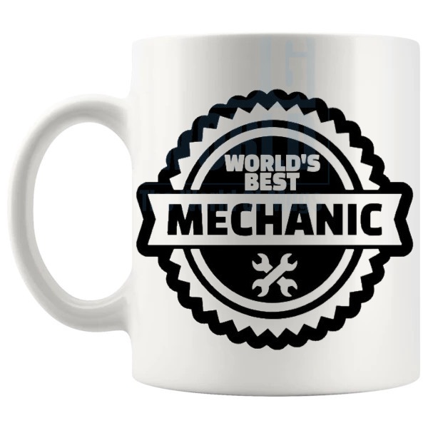 World's Best Mechanic Mug thank you gift for mechanics shown with handle on the left