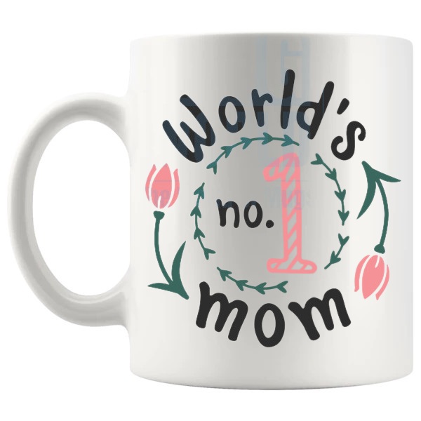 World's No.1 Mom Mug simple number-one mum message gift for mother shown with handle on the left