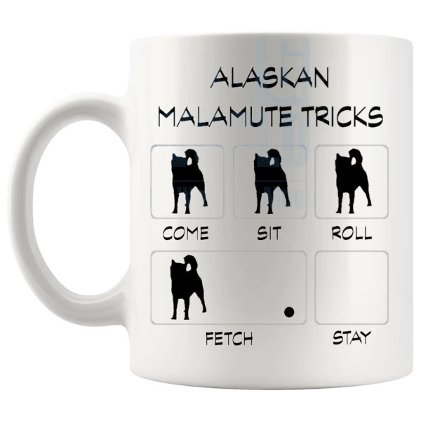 Alaskan Malamute Tricks Mug funny dog breed gift for Alaskan Malamute owners shown with handle on the left