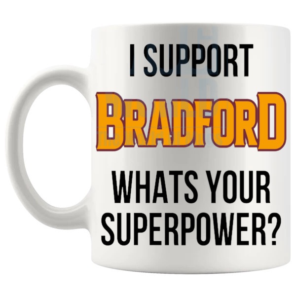 Bradford Fans Superpower Mug unofficial football supporter gift for Bradford fans shown with handle on the left
