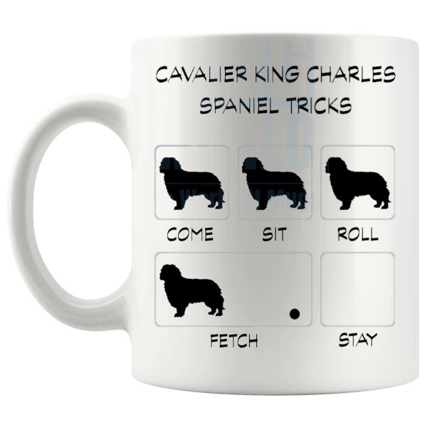 Cavalier King Charles Spaniel Tricks Mug funny dog breed gift for Cavalier King Charles Spaniel owners shown with handle on the left