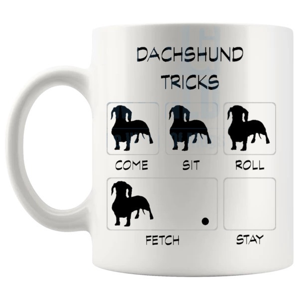 Dachshund Tricks Mug funny dog breed gift for Dachshund owners shown with handle on the left
