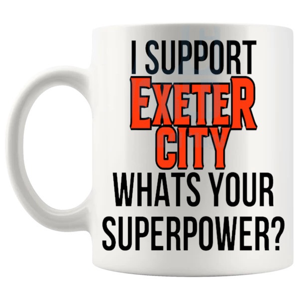 Exeter City Fans Superpower Mug unofficial football supporter gift for Exeter City fans shown with handle on the left