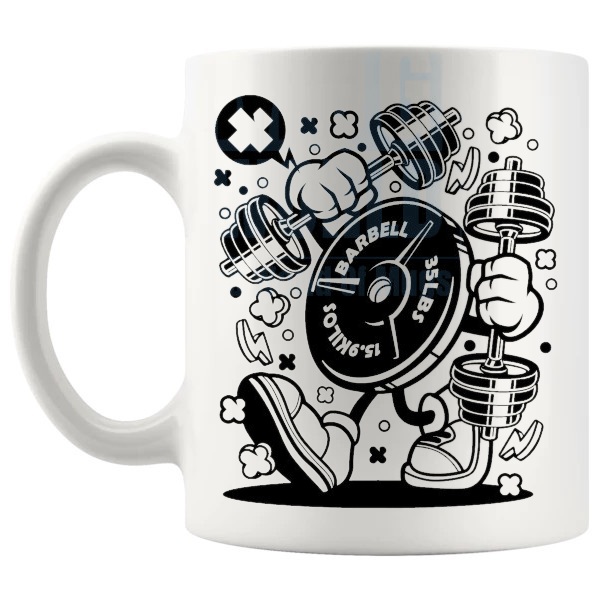 Funny Weight Plate Gym Lovers Mug shown with handle on the left